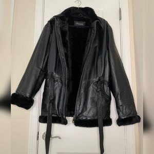 Marcia Made in Italy Black Genuine Leather Coat with Black Faux Fur Trim & Belt